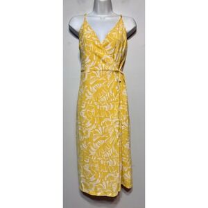 Nine West Yellow Tropical Print Wrap Dress Medium Coastal Grandmother Resortwear